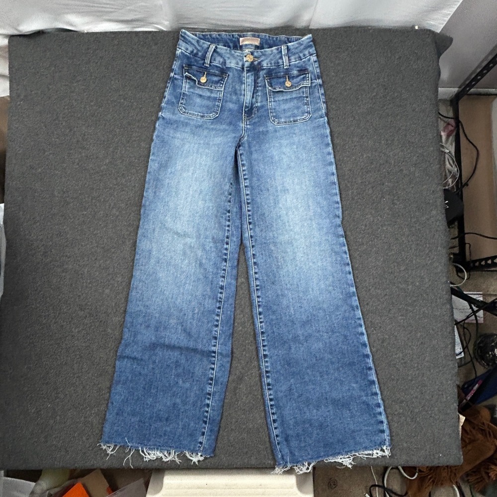 Kut from the Kloth Maya High Rise Wide Leg Jeans Medium Wash Raw Hem Size 0